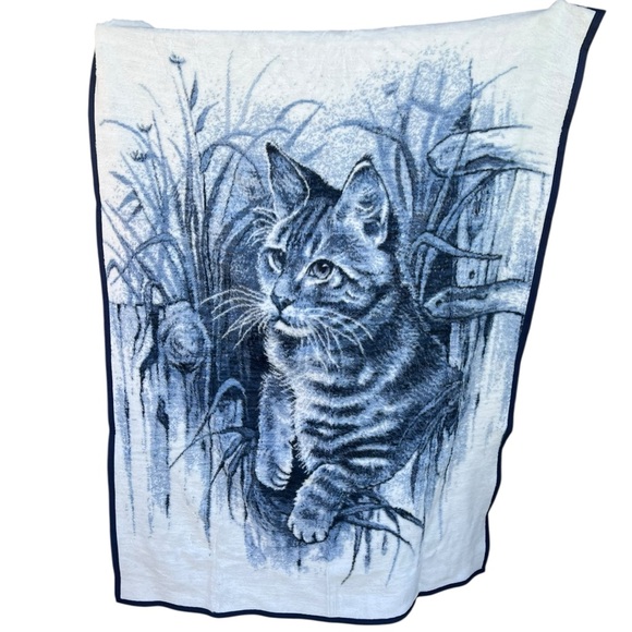 VTG Biederlack Reversible Cat Kitten Plush Throw Blanket NIP Blue White 60x80 - Picture 1 of 13